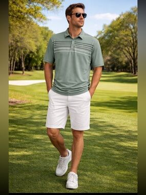Travis Mathew Polo, Green with Stripes, Size X-Large